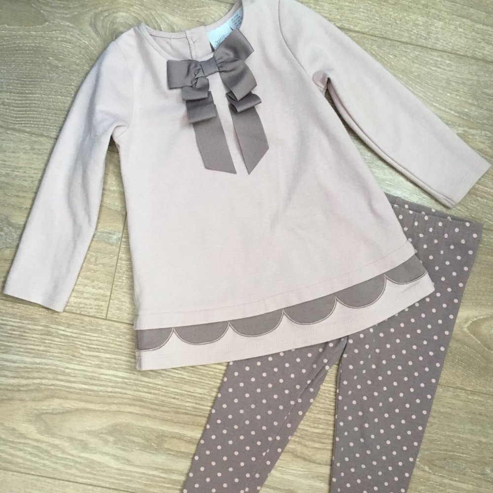Gorgeous boutique set - pink top with taupe polka dot leggings, 24M